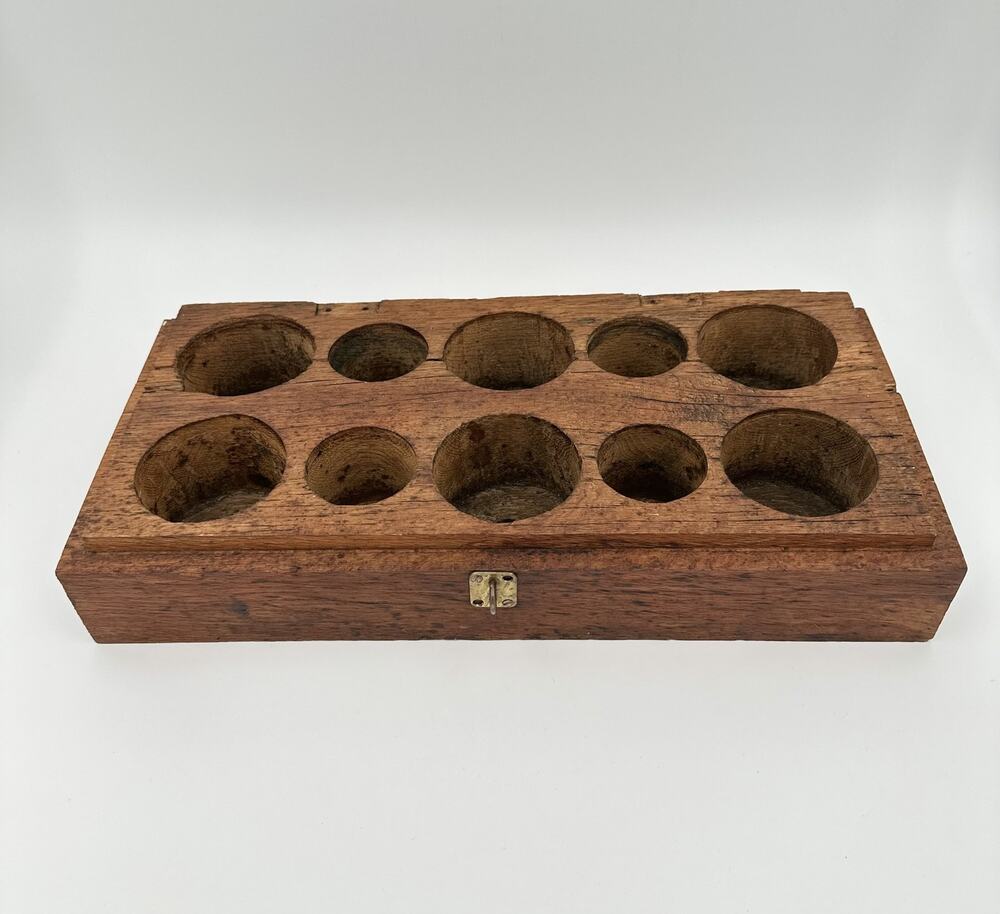 Antique Wooden Scale Weight Carrier Tray, 10 Graduated Cups, Primitive
